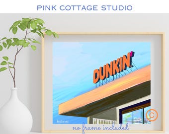 Dunkin' Donuts Print: Orange & Pink Coffee Shop Art, Retro donut shop