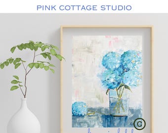 blue hydrangea print, Nantucket art, spring flowers, still life of hydrangeas, coastal art
