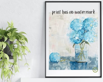 blue hydrangea print, gallery wall, spring flowers, still life of endless bloom hydrangeas