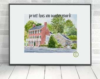 Waterford Virginia, Loudoun county watercolor print, the Pink House, Historic Waterford VA, by Pink Cottage Studio, VA print