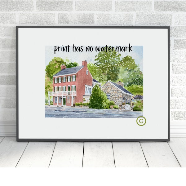 Waterford Virginia, Loudoun county watercolor print, the Pink House, Historic Waterford VA, by Pink Cottage Studio, VA print
