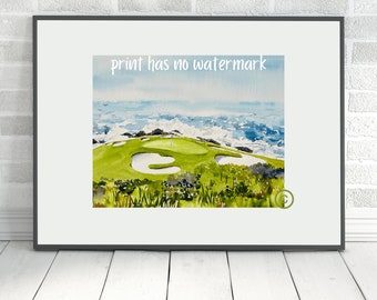 Pebble Beach, golf watercolor, Seventh hole par 3, California coast print