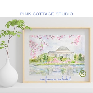 Cherry blossoms at the Tidal Basin, Washington DC monuments, DC watercolor print