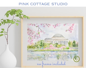 Cherry blossoms at the Tidal Basin, Washington DC monuments, DC watercolor print