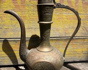 Vintage Brass Etched Indian Aftaba Coffee Pot