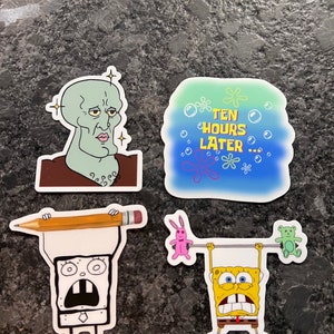 May include: Four stickers featuring characters from the animated television series Spongebob Squarepants. The stickers are on a gray textured surface. One sticker features a green and blue gradient background with the text "TEN HOURS LATER..." in white. Another sticker features a cartoon of Spongebob lifting weights with a pink bunny and a green teddy bear. A third sticker features a cartoon of Spongebob holding a pencil above his head. The fourth sticker features a cartoon of a character from the show with a green face and a brown shirt.