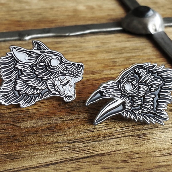 Order of the Moon, Wolf and Raven Enamel Pin Set | Soft Enamel & Silver Plated |