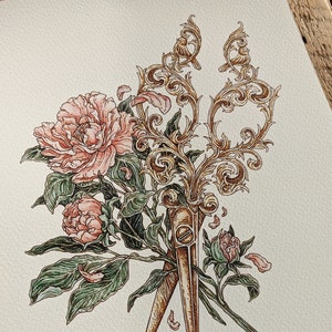 May include: A pair of gold ornate scissors with a floral design. The scissors are surrounded by pink peonies and green leaves.
