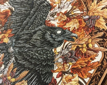 Złamany dziób Crone, jesienny kruk i ćma, wydruk giclée | Papier Somerset Velvet | EDYCJA LIMITOWANA |