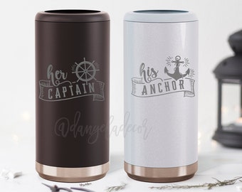 Engraved Captain Anchor Slim Can Cooler, Newlywed Gift