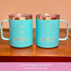Personalized 10th Anniversary Mug Set – Engraved Stainless Steel Gift Mountains