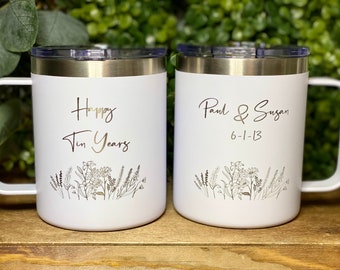 Happy Tin Years Engraved Anniversary Mug Set of 2 Wedding Bride Groom Wife Husband Celebration