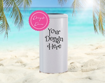 Mock Up Slim Can Cooler Beach Sand Vacation Iceberg Glitter Sublimation Photo JPG Beer Soda Juice Drink Tumbler Bachelorette Bride Sun