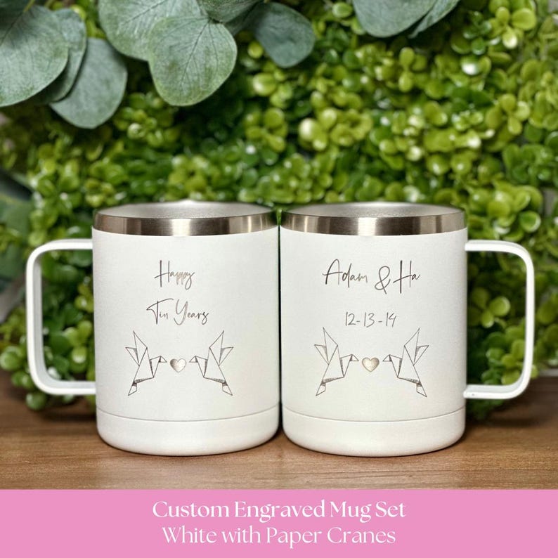 Personalized 10th Anniversary Mug Set – Engraved Stainless Steel Gift Paper Cranes