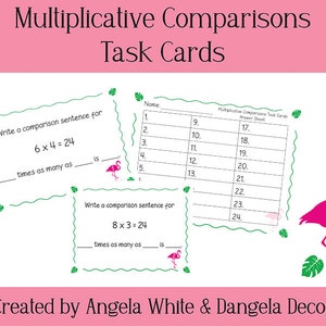 Op de afbeelding: Een set printbare taakkaartjes voor het onderwijzen van multiplicatieve vergelijkingen. De kaartjes bevatten een flamingo-illustratie en groene golvende lijnen. De tekst op de kaartjes luidt "Schrijf een vergelijkingsszin voor 6 x 4 = 24" en "Schrijf een vergelijkingsszin voor 8 x 3 = 24".