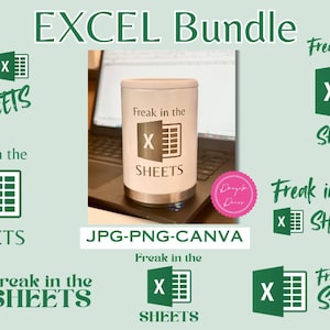 以下が含まれることがあります： 「Freak in the Sheets」というテキストと緑色のExcelロゴが描かれた、印刷可能なデザインのデジタルダウンロードバンドルです。デザインはJPG、PNG、Canva形式で入手できます。