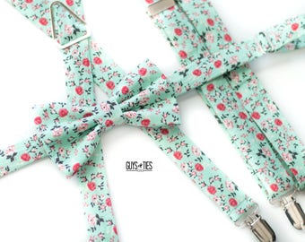 mint floral suspenders and bow tie set, mens green flower bowties, floral wedding bowties, tiny flower suspenders, boys matching suspenders