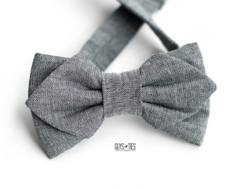 gray diamond point bow tie, chambray bow tie for men, unique groomsmen bow ties, pointed bow ties, pre tied self tie, kids dapper bow ties