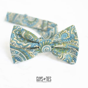 Puede incluir: Una pajarita de color azul, verde y crema con estampado paisley.