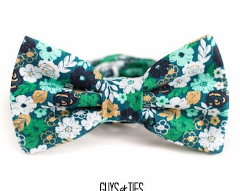 dark green floral bow tie, mens emerald bow ties, mini gold flowers tie, garden wedding bow ties, pre tied self tie, kids boy toddler bowtie