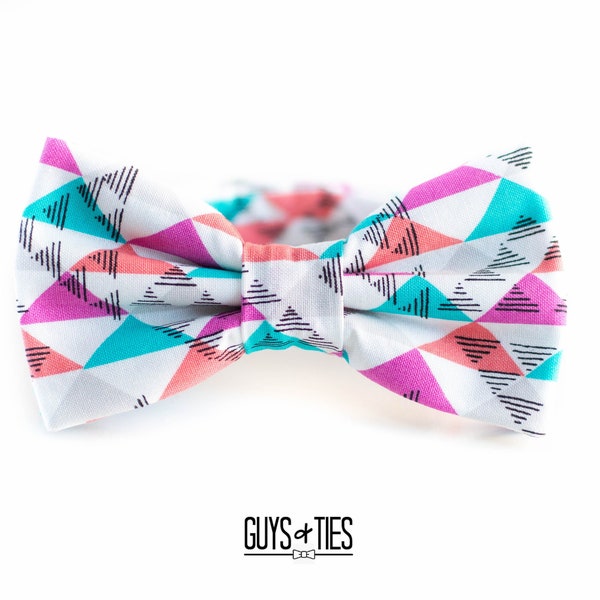 colorful geometric bow tie, mens triangle bowtie, coral pink turquoise white bowties, funky bowties for groomsmen, fun birthday dog bow ties