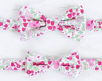 pink and white floral bow tie, hot pink flower bow tie, floral wedding bow tie, pre tied, self tie, father son bowties, matching bow ties