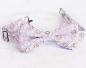lavender floral bow tie, kids Easter purple bowtie, gold and white bow ties, lilac bow ties for boys, pastel bow tie baby, flower bow ties