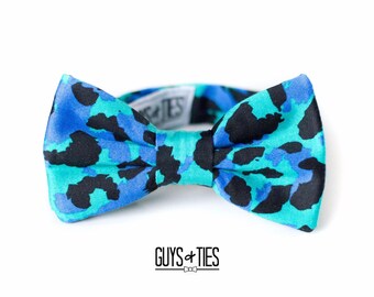 blue leopard bow tie, aqua bow tie, animal print bow tie, mens cheetah print bowties, boys safari bowtie, wild one birthday, pretied selftie