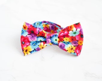 rainbow tiny floral bow tie, colorful garden flower bow ties, bright colored wedding bowties for grooms, pre tied bowtie, self tie bow ties