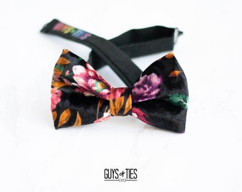 black floral velvet bow tie, gala event bowties for men, elegant wedding bowtie, jewel tone flowers bowtie, kids bow tie, fancy prom bow tie