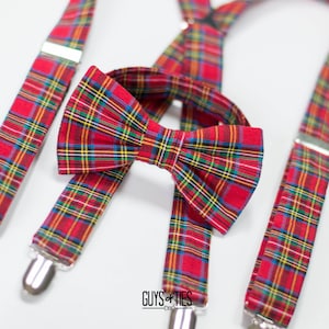 red tartan plaid bow tie and suspender set, Christmas bow ties, mens holiday plaid bow ties, boys plaid suspenders, kids madras bowtie image 1