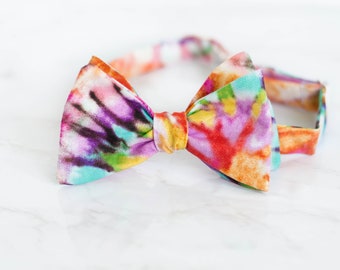 rainbow tied dye self tie bow tie, fun bow ties for men, kids retro colorful bow tie, unique dog bow ties, school dance pre tied bow tie