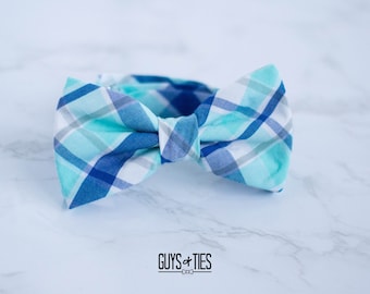 aqua and royal blue plaid bow tie, preppy bow ties for men, boys plaid bow ties, self tie pre tied, kids blue bow tie, groomsmen bowties