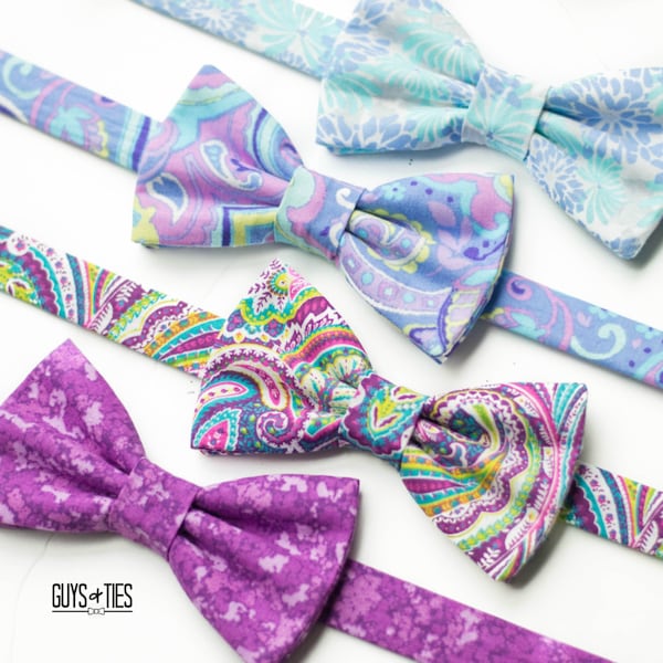 pastel blue and purple bow ties, Easter bowties, father son bow ties, lilac paisley bow ties for men, boys ring bearer bowtie, mix and match