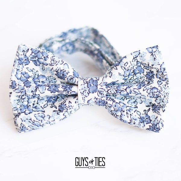 blue and white tiny flowers bow tie, mens antique flower bowtie, boys navy floral bowties, dusty blue groom bowties, ditzy floral dog bowtie