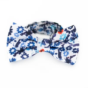 May include: A white bow tie with a blue and red floral pattern.