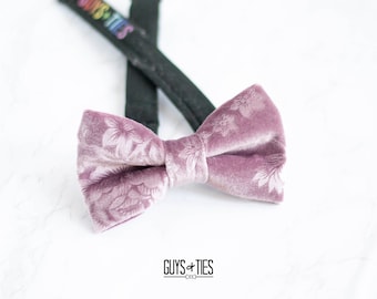 blush rose velvet bow tie, gala event bowties for men, floral wedding bowtie, embossed flower bowtie, boys velvet bow tie, fancy prom bowtie