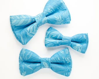 aqua blue tropical dog bow tie, palm trees dog bow ties, bright blue Hawaiian puppy bowties, velcro wrap around collar, cute dog lover gift