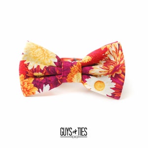 May include: A floral bow tie with a red, orange, yellow, and white pattern. The bow tie is made of fabric and has a classic bow shape.