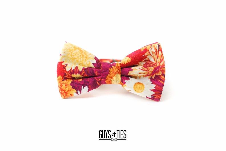 May include: A floral bow tie with a red, orange, yellow, and white pattern. The bow tie is made of fabric and has a classic bow shape.