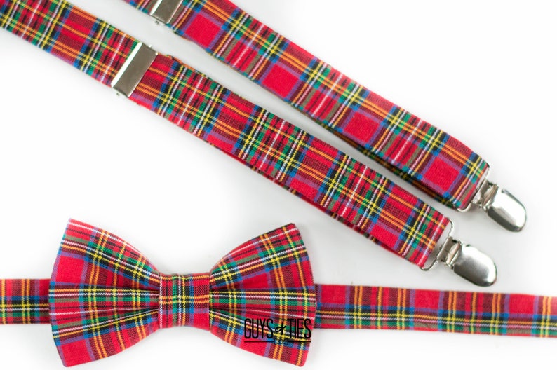 red tartan plaid bow tie and suspender set, Christmas bow ties, mens holiday plaid bow ties, boys plaid suspenders, kids madras bowtie image 10