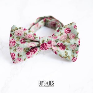 May include: A light green bow tie with a pink and red floral pattern. The bow tie is made of fabric and has a classic bow shape.
