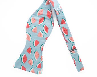 watermelon self tie bow tie, dusty blue bowties, fruit bowtie for men, summertime bow tie, freestyle, fun teacher bow tie, gift for coworker