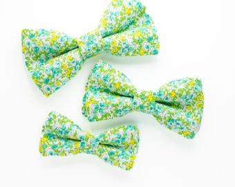 lime green floral dog bow tie, mini flower dog bow ties, bright turquoise yellow puppy bowties, velcro wrap around collar, dog lover gift