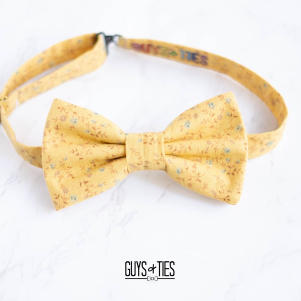 yellow dainty floral bow tie, pastel bow ties for men, spring flower bowtie, pre tied and self tie, whimsical florals bowties, garden bowtie
