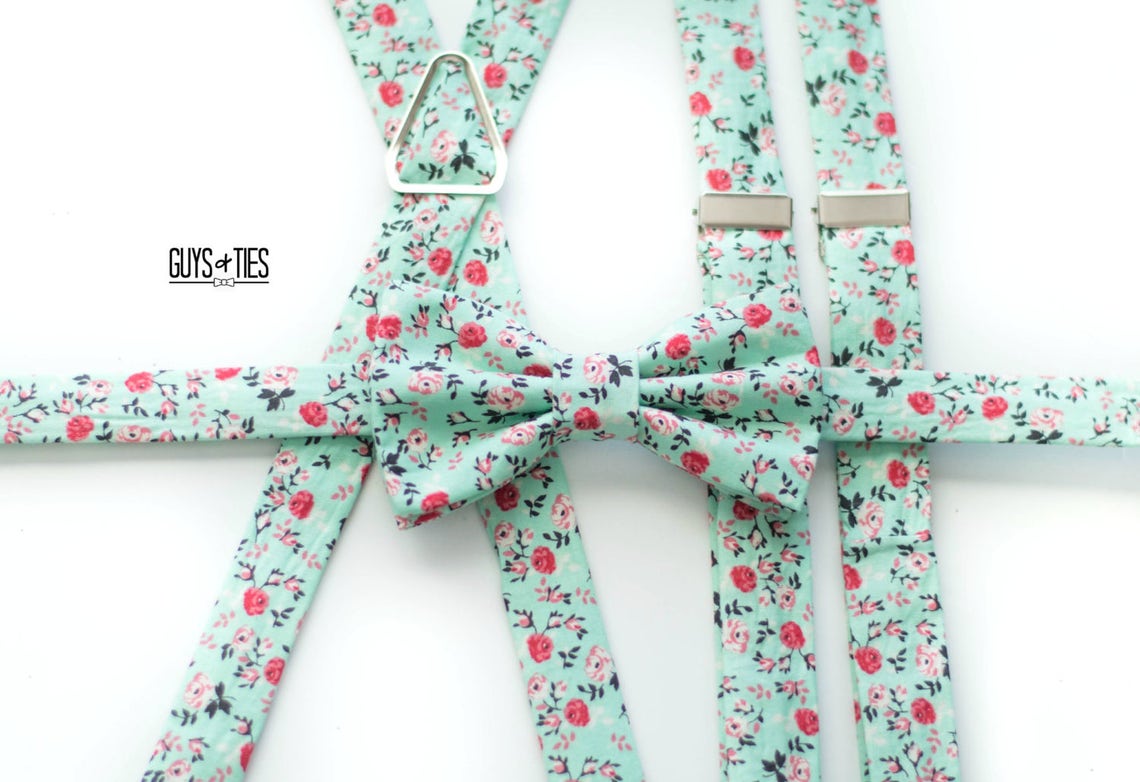 Mint Floral Suspenders and Bow Tie Set Mens Green Flower Etsy