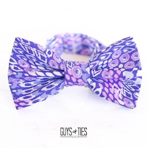 May include: A purple and pink patterned bow tie. The bow tie has a white background with a purple and pink floral pattern.