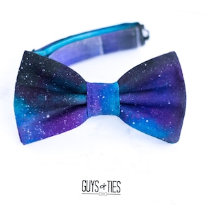 galaxy bow tie, cosmic bow ties, pre tied self tie, fun scientist space bowtie, blue and purple bow tie, NASA bowties, geek bow tie for kids