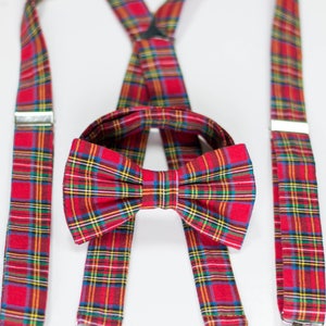 red tartan plaid bow tie and suspender set, Christmas bow ties, mens holiday plaid bow ties, boys plaid suspenders, kids madras bowtie image 2