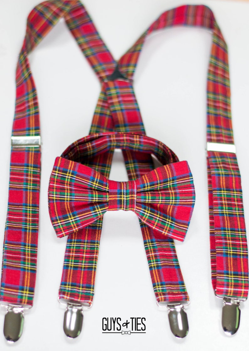 red tartan plaid bow tie and suspender set, Christmas bow ties, mens holiday plaid bow ties, boys plaid suspenders, kids madras bowtie image 2